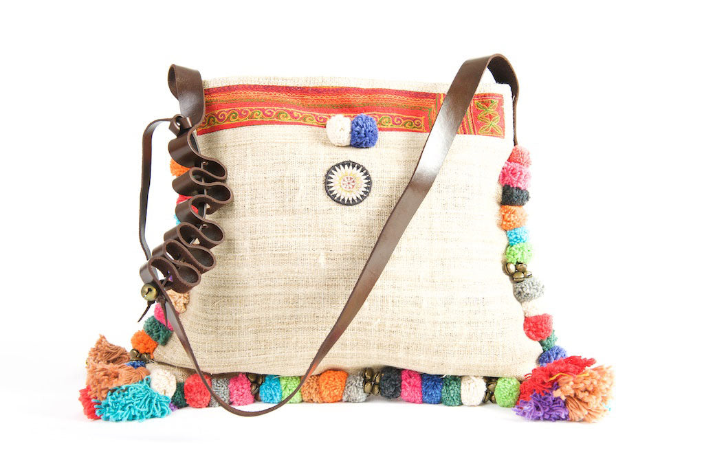 Roman Holiday - Vintage Boho Shoulder Bag in Ivory White Hemp + Vintage Hmong Tribal Fabric