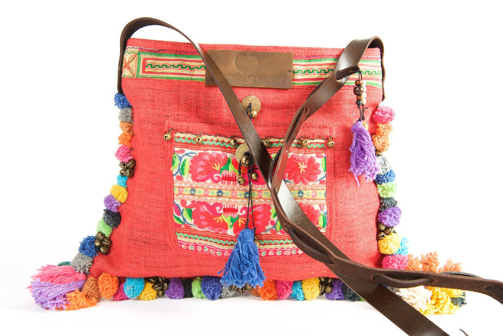 Roman Holiday - Vintage Boho Shoulder Bag in Watermelon Red Hemp + Vintage Hmong Tribal Fabric