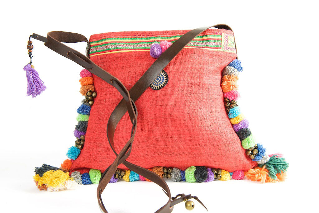 Roman Holiday - Vintage Boho Shoulder Bag in Watermelon Red Hemp + Vintage Hmong Tribal Fabric