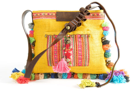 Roman Holiday - Vintage Boho Shoulder Bag in Turmeric Gold Hemp With One Of A Kind Multi Coloured Detail