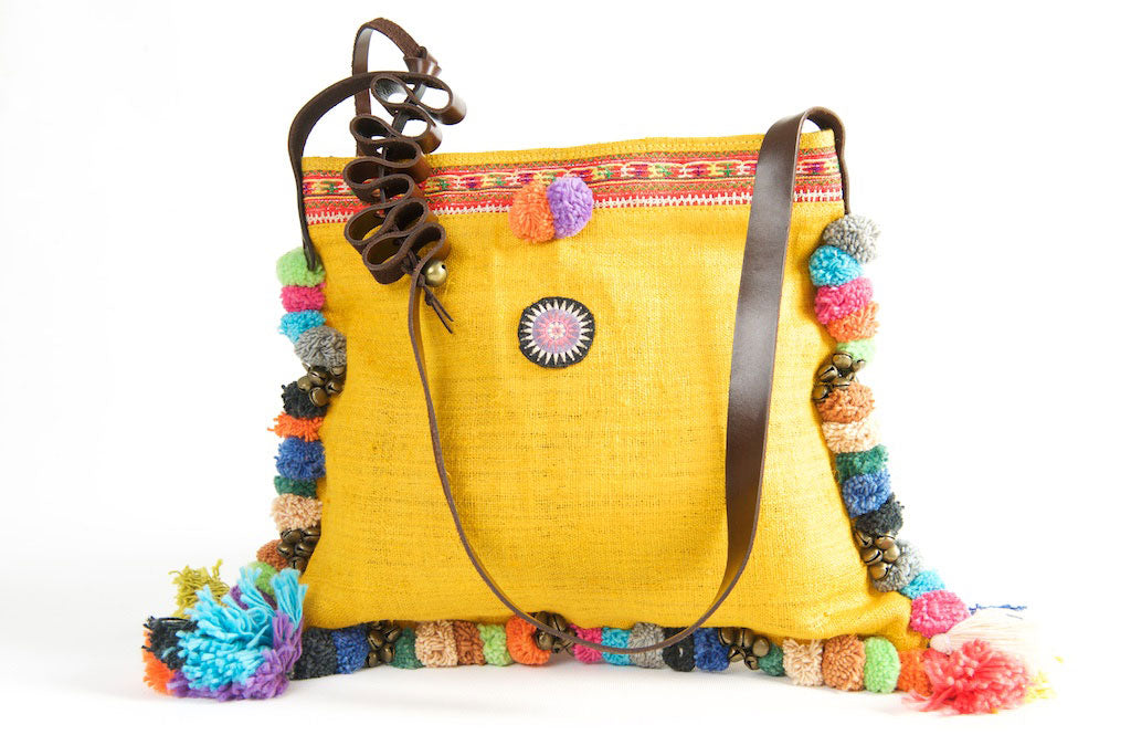 Roman Holiday - Vintage Boho Shoulder Bag in Turmeric Gold Hemp With One Of A Kind Multi Coloured Detail