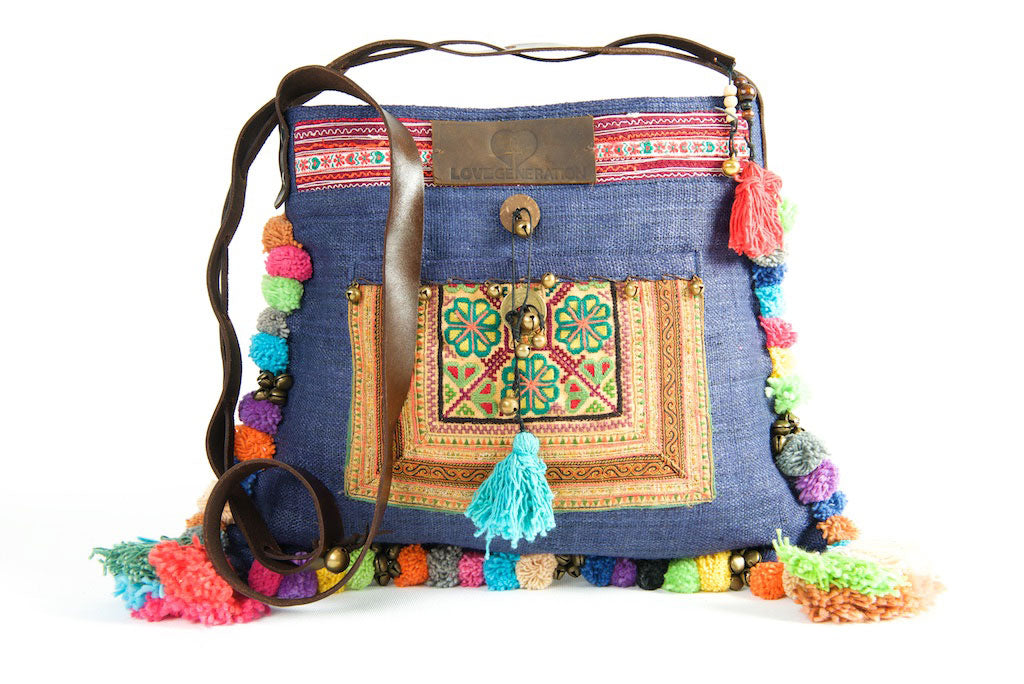 Roman Holiday - Vintage Boho Shoulder Bag in Midnight Blue Hemp With One Of A Kind Multi Coloured Detail