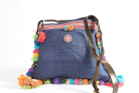 Roman Holiday - Vintage Boho Shoulder Bag in Midnight Blue Hemp With One Of A Kind Multi Coloured Detail