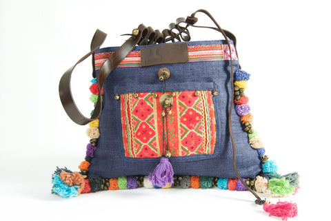 Roman Holiday - Vintage Boho Shoulder Bag in Midnight Blue Hemp With One Of A Kind Multi Coloured Detail