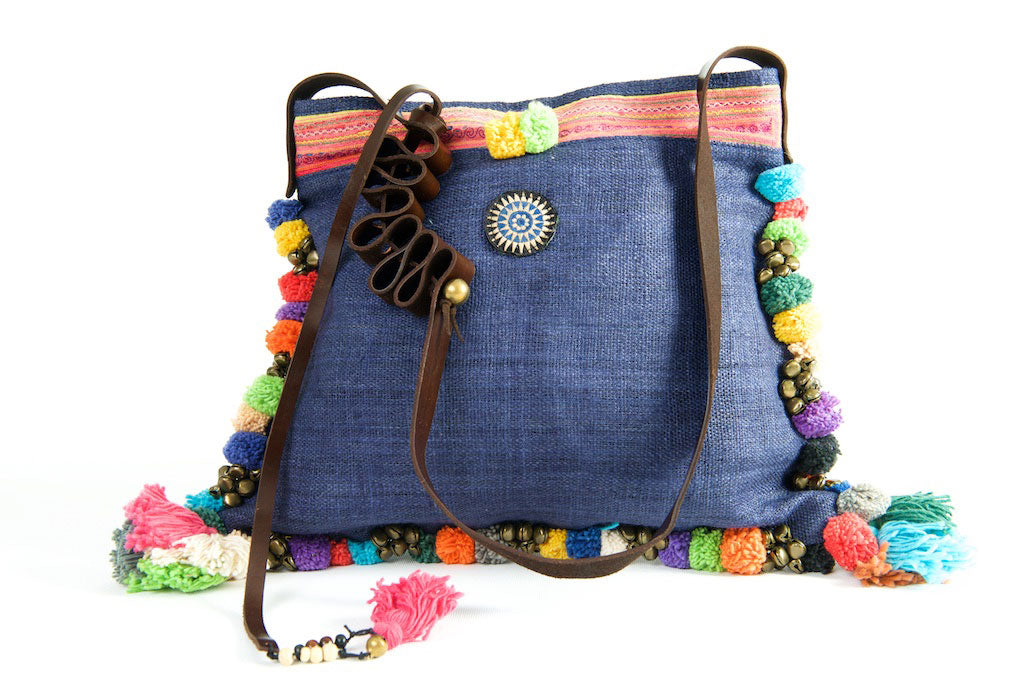 Roman Holiday - Vintage Boho Shoulder Bag in Midnight Blue Hemp With One Of A Kind Multi Coloured Detail