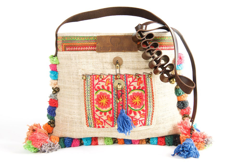 Roman Holiday - Vintage Boho Shoulder Bag in Ivory White Hemp With One Of A Kind Multi Coloured Detail