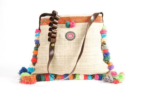 Roman Holiday - Vintage Boho Shoulder Bag in Ivory White Hemp With One Of A Kind Multi Coloured Detail