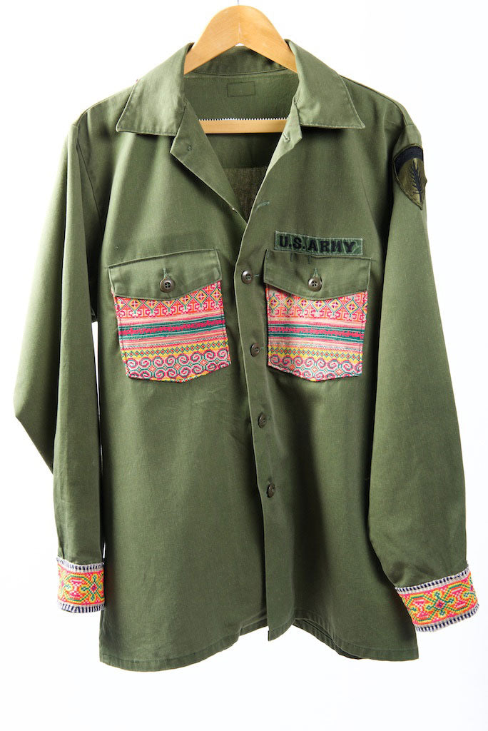 Make Love, Not War, Army Jacket -Genuine Vintage Army Jacket with Vintage Hmong Embroidery