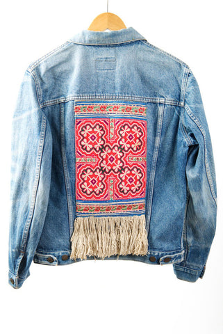 Vintage Denim Jacket with Vintage Hmong Hill Tribe Embroidery