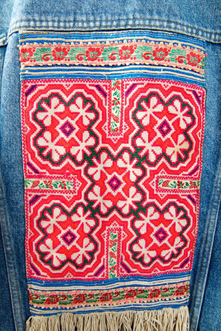 Vintage Denim Jacket with Vintage Hmong Hill Tribe Embroidery