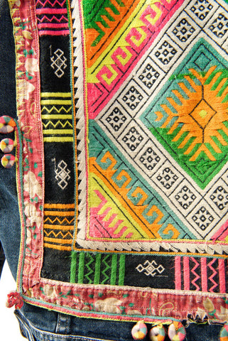 Vintage Denim Jacket with Vintage Hmong Hill Tribe Embroidery