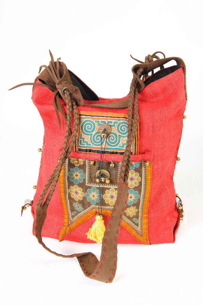 Sabrina - Vintage Shoulder Bag in Watermelon Colour Hemp & Vintage Hmong Tribal Fabric