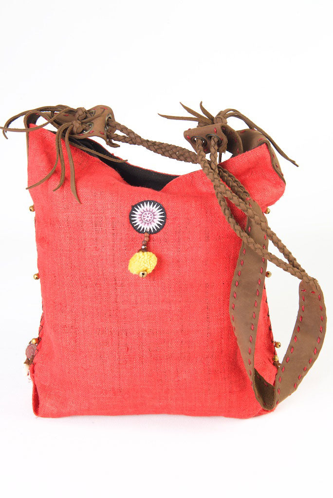 Sabrina - Vintage Shoulder Bag in Watermelon Colour Hemp & Vintage Hmong Tribal Fabric