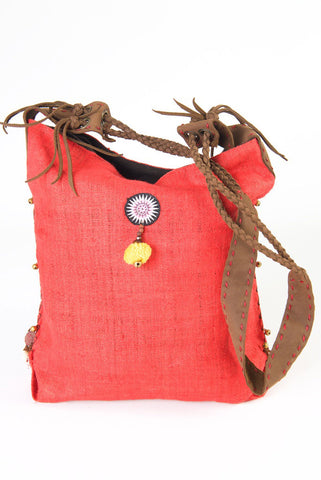 Sabrina - Vintage Shoulder Bag in Watermelon Colour Hemp & Vintage Hmong Tribal Fabric