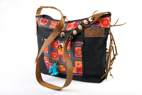 Jezebel - Vintage Shoulder Bag in Charcoal Black Colour Hemp & Vintage Hmong Tribal Fabric