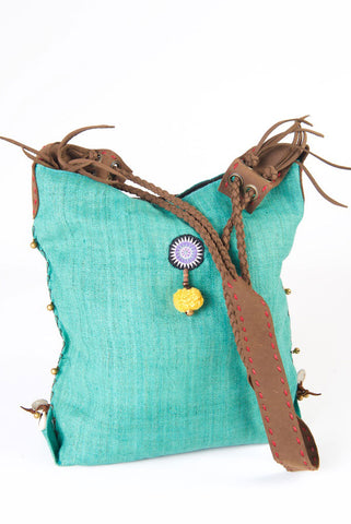 Sabrina - Vintage Shoulder Bag in Turquoise Hemp & Vintage Hmong Tribal Fabric