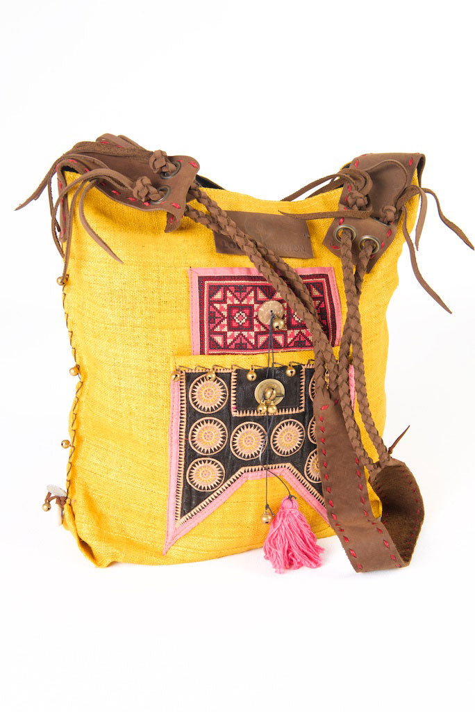 Sabrina - Vintage Shoulder Bag in Turmeric Colour Hemp & Vintage Hmong Tribal Fabric