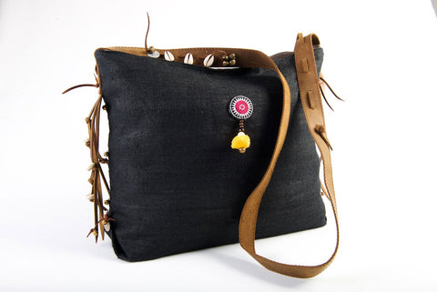 Jezebel - Vintage Shoulder Bag in Charcoal Black Colour Hemp & Vintage Hmong Tribal Fabric