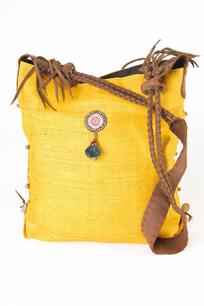 Sabrina - Vintage Shoulder Bag in Turmeric Colour Hemp & Vintage Hmong Tribal Fabric