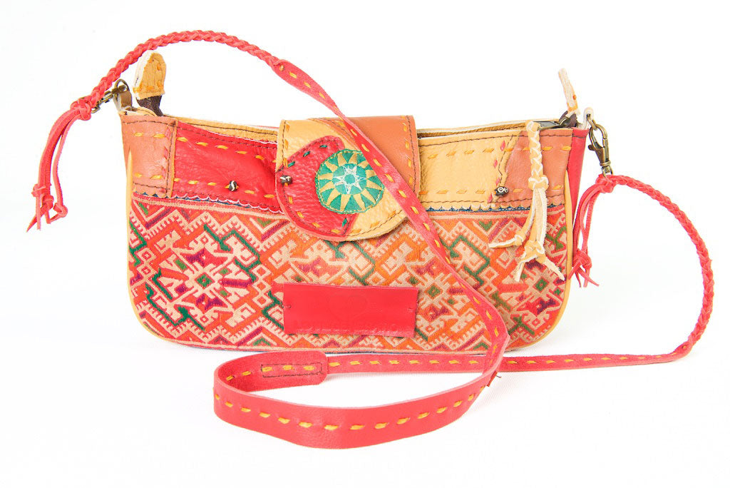 Geronimo- Shoulder Bag/Clutch in Leather and Vintage Hmong Fabric