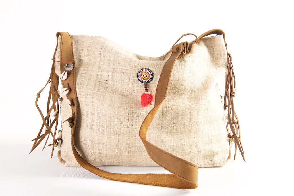 Jezebel - Vintage Shoulder Bag in Ivory White Colour Hemp & Vintage Hmong Tribal Fabric