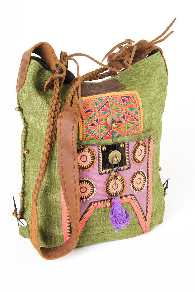 Sabrina - Vintage Shoulder Bag in Olive Green Hemp & Vintage Hmong Tribal Fabric