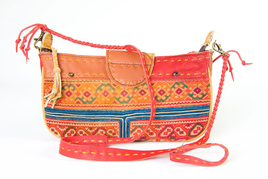 Geronimo- Shoulder Bag/Clutch in Leather and Vintage Hmong Fabric