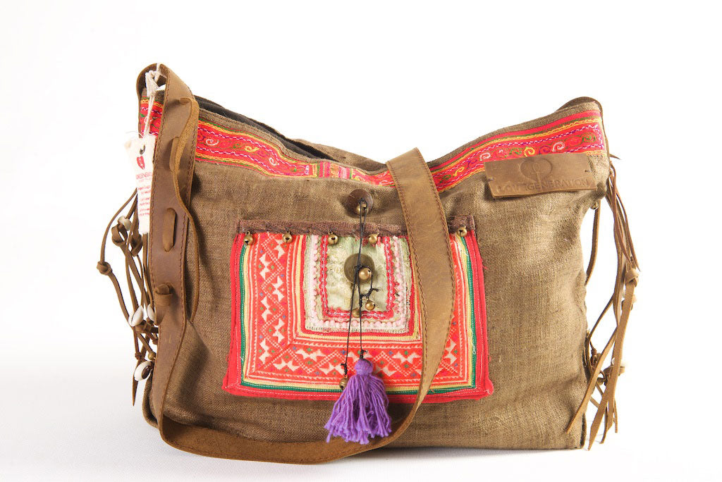 Jezebel - Vintage Shoulder Bag in Coffee Colour Hemp & Vintage Hmong Tribal Fabric
