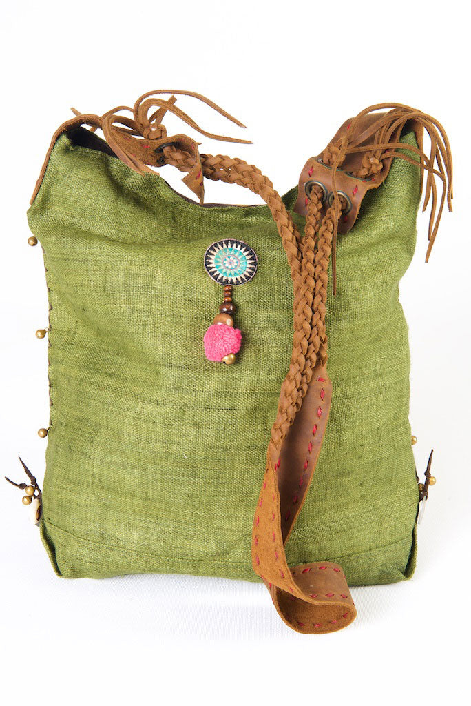 Sabrina - Vintage Shoulder Bag in Olive Green Hemp & Vintage Hmong Tribal Fabric