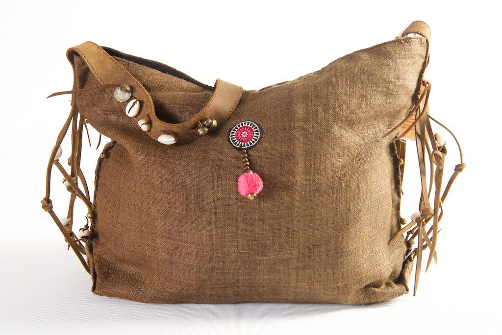 Jezebel - Vintage Shoulder Bag in Coffee Colour Hemp & Vintage Hmong Tribal Fabric