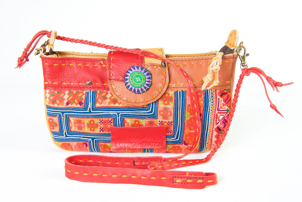 Geronimo- Shoulder Bag/Clutch in Leather and Vintage Hmong Fabric