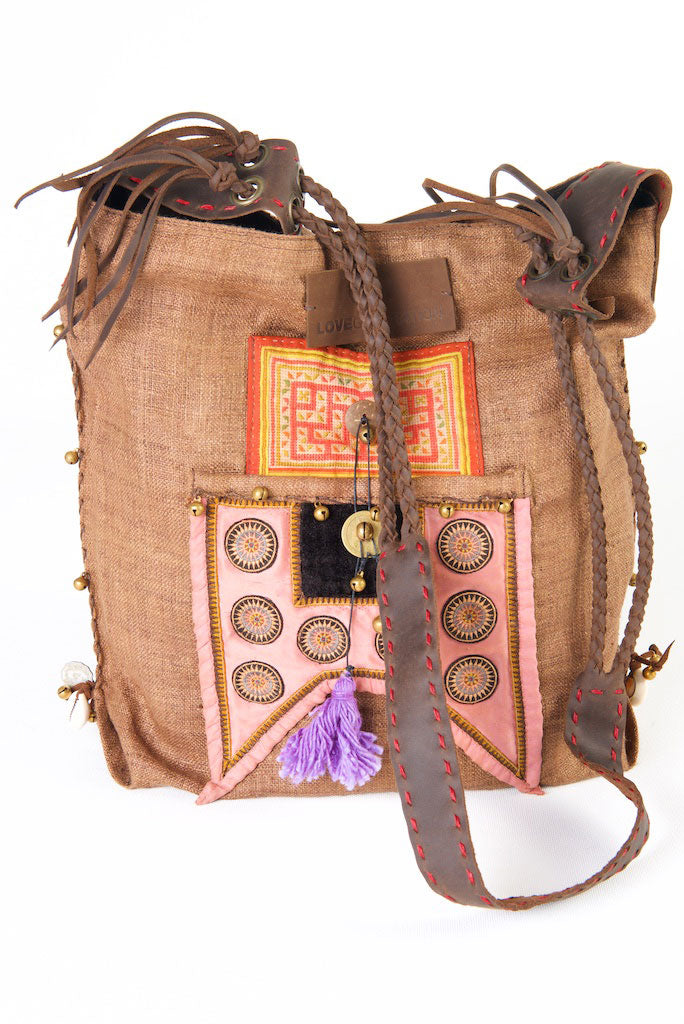 Sabrina - Vintage Shoulder Bag in Cinnamon Brown Hemp & Vintage Hmong Tribal Fabric