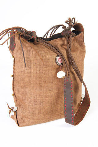 Sabrina - Vintage Shoulder Bag in Cinnamon Brown Hemp & Vintage Hmong Tribal Fabric