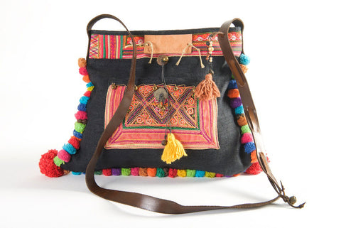 Roman Holiday - Vintage Boho Shoulder Bag in Charcoal Hemp, + Vintage Hmong Tribal Fabric