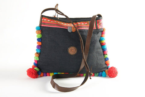 Roman Holiday - Vintage Boho Shoulder Bag in Charcoal Hemp, + Vintage Hmong Tribal Fabric