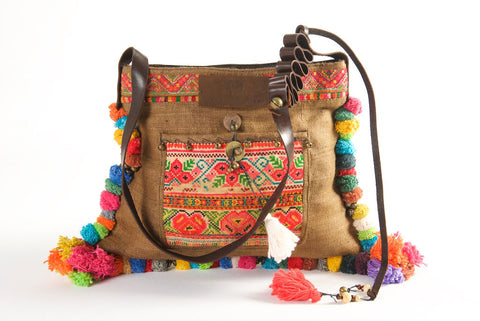 Roman Holiday - Vintage Boho Shoulder Bag in Coffee Colour Hemp + Vintage Hmong Tribal Fabric