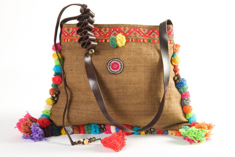 Roman Holiday - Vintage Boho Shoulder Bag in Coffee Colour Hemp + Vintage Hmong Tribal Fabric