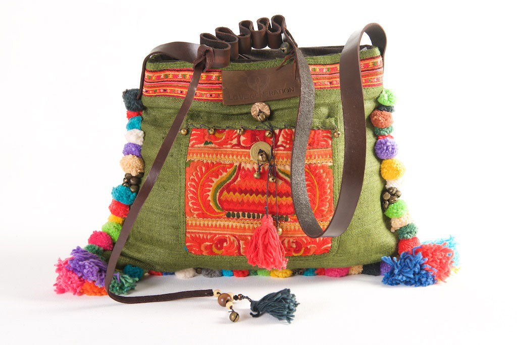 Roman Holiday - Vintage Boho Shoulder Bag in Olive Hemp + Vintage Hmong Tribal Fabric