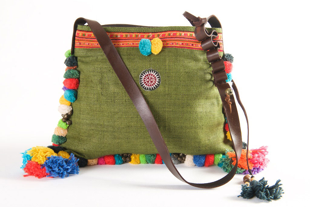 Roman Holiday - Vintage Boho Shoulder Bag in Olive Hemp + Vintage Hmong Tribal Fabric