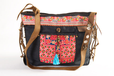 Jezebel - Vintage Shoulder Bag in Charcoal Colour Hemp & Vintage Hmong Tribal Fabric