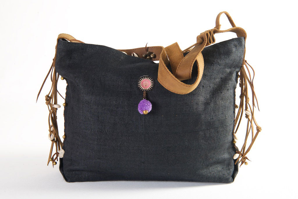 Jezebel - Vintage Shoulder Bag in Charcoal Colour Hemp & Vintage Hmong Tribal Fabric