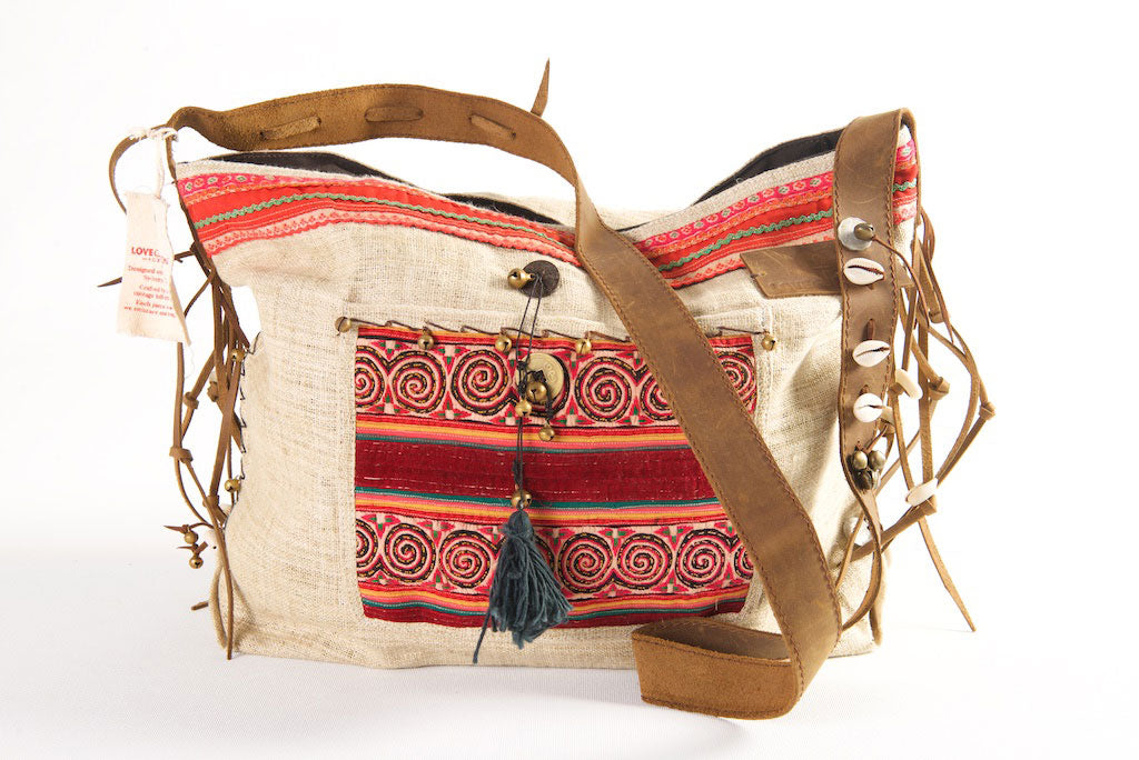 Jezebel - Vintage Shoulder Bag in Ivory White Colour Hemp & Vintage Hmong Tribal Fabric