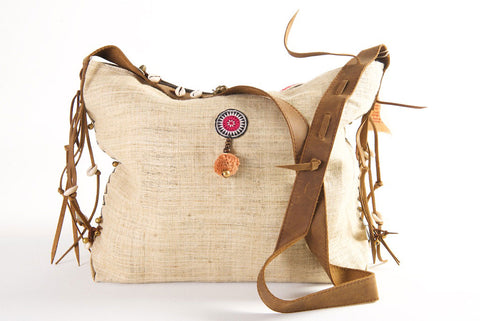 Jezebel - Vintage Shoulder Bag in Ivory White Colour Hemp & Vintage Hmong Tribal Fabric