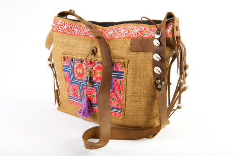 Jezebel - Vintage Shoulder Bag in Wheat Colour Hemp & Vintage Hmong Tribal Fabric
