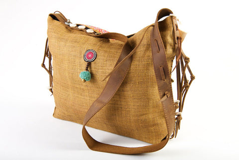 Jezebel - Vintage Shoulder Bag in Wheat Colour Hemp & Vintage Hmong Tribal Fabric