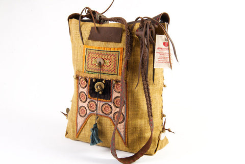 Sabrina - Vintage Shoulder Bag in Wheat Colour Hemp & Vintage Hmong Tribal Fabric