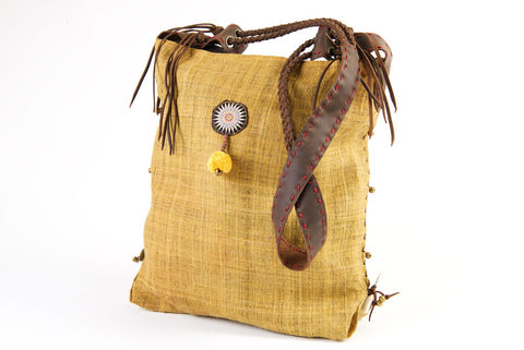 Sabrina - Vintage Shoulder Bag in Wheat Colour Hemp & Vintage Hmong Tribal Fabric