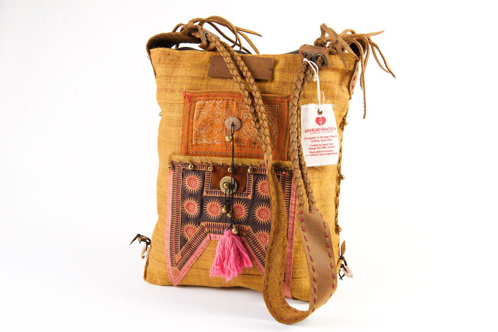 Sabrina - Vintage Shoulder Bag in Caramel Colour Hemp & Vintage Hmong Tribal Fabric