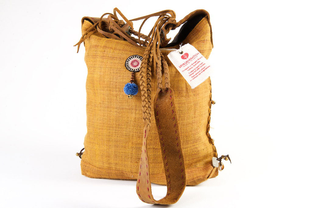 Sabrina - Vintage Shoulder Bag in Caramel Colour Hemp & Vintage Hmong Tribal Fabric