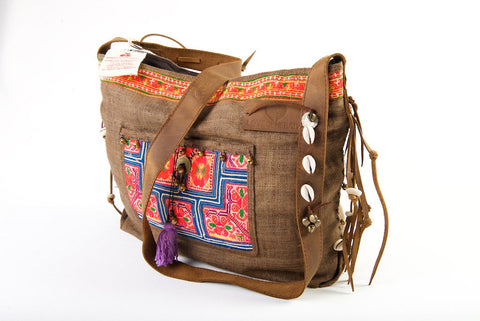 Jezebel - Vintage Shoulder Bag in Coffee Colour Hemp & Vintage Hmong Tribal Fabric